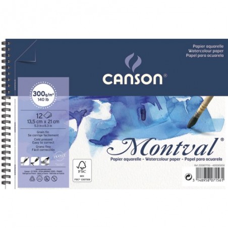 CANSON Album spiralé 12 feuilles papier aquarelle MONTVAL 13.5x21 300G  grain fin Blanc naturel