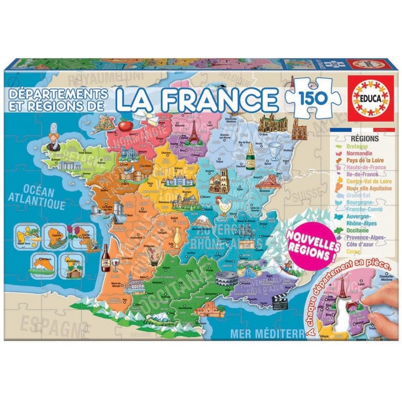 EDUCA Puzzle 150 départements et régions de France, 150 pièces, format 40 x  28 cm