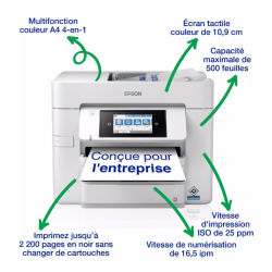 Photo de la EPSON de face avec les caractéristiques indiqué sur l'imprimante