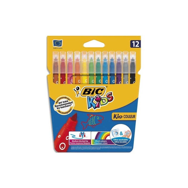 BIC Kids Couleur XL Feutres de Coloriage Lavables à Pointe Large - Couleurs  Assorties, Etui Carton de 12