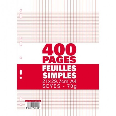 Sachet de 400 pages copies simples grand format A4 grands carreaux Seyès  70g perforées