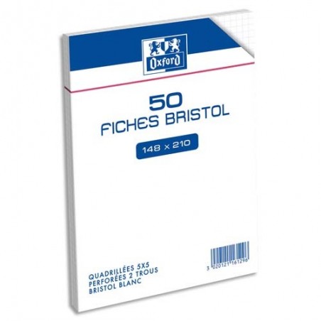 OXFORD Sachet 50 fiches bristol perforées 148X210mm (A5) petits carreaux  5x5 Blanc