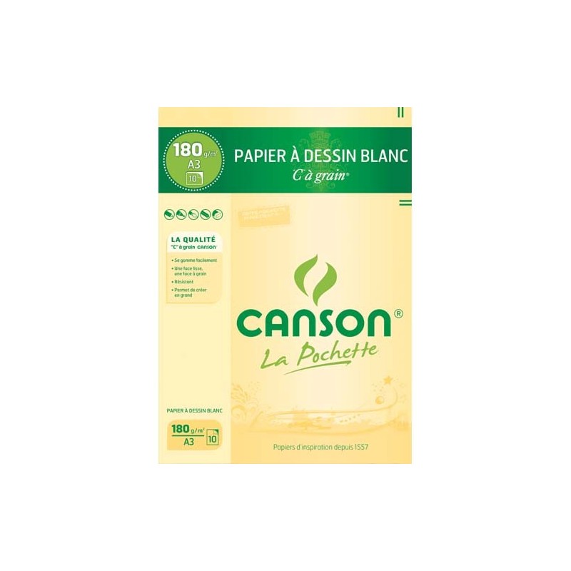 CANSON C à Grain - Pochette 10 feuilles de papier dessin blanc A3 -  180g/m²