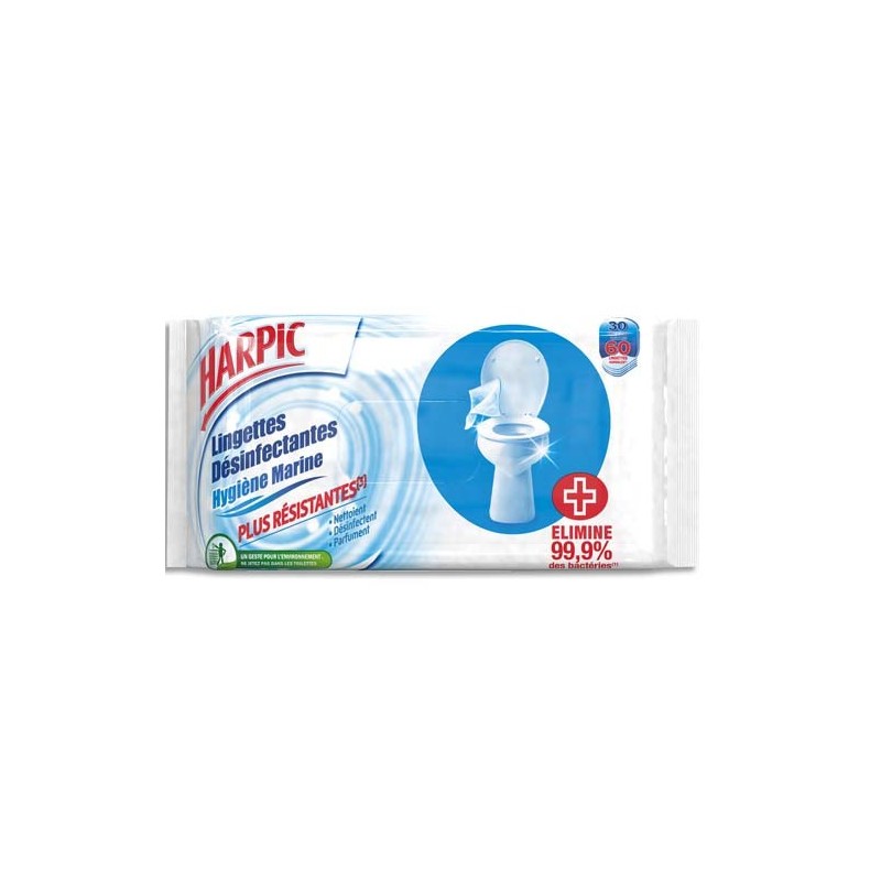 HARPIC Paquet de 30 lingettes désinfectantes pour wc testée  dermatologiquement et biodégradables