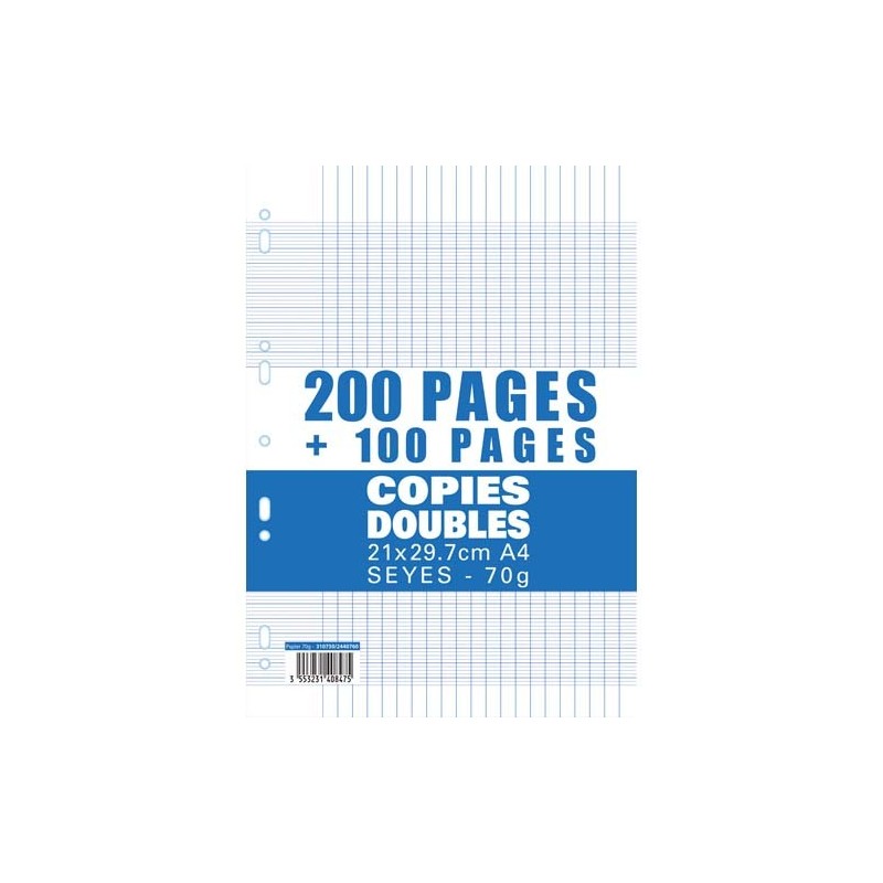 Lot de 200 copies doubles+100 gratuites grand format A4 grands carreaux  Séyès 70g perforées