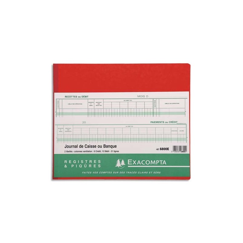 Piqûre 27x32cm EXACOMPTA (6800E) Journal de caisse ou banque 13 débit - 6  crédit - 31 lignes - 80