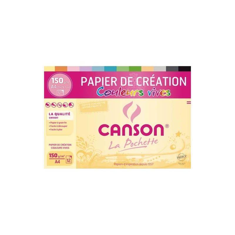 CANSON Pochette 12 feuilles papier couleur CREATION 150g 21x297cm